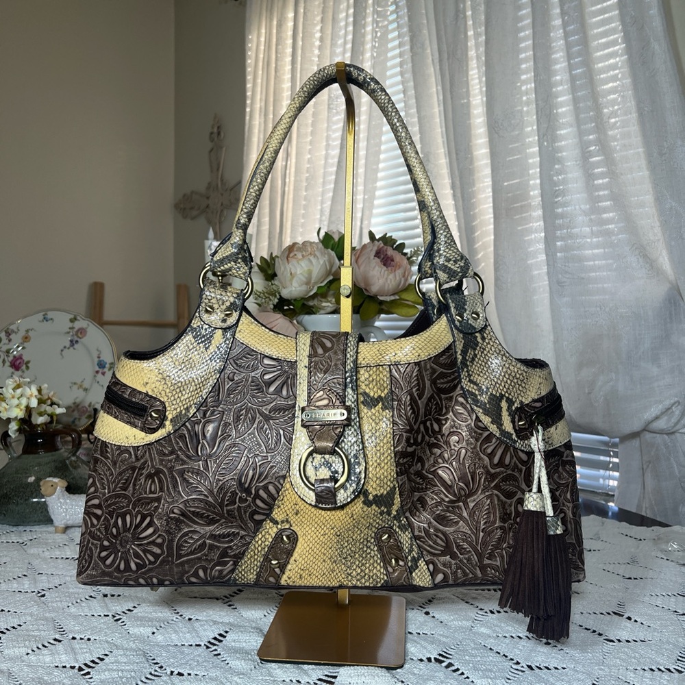 Sherif Yellow and Brown Floral Embossed Shoulder Bag
